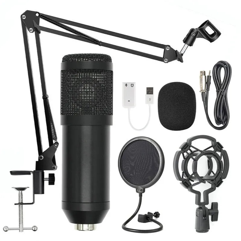BM-800 condenser microphone on a desktop stand, shown in various colour options including black, silver, and white.