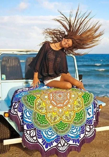 Round polygon printing tassel mat in retro ethnic style, 150cm diameter, available in multiple colours