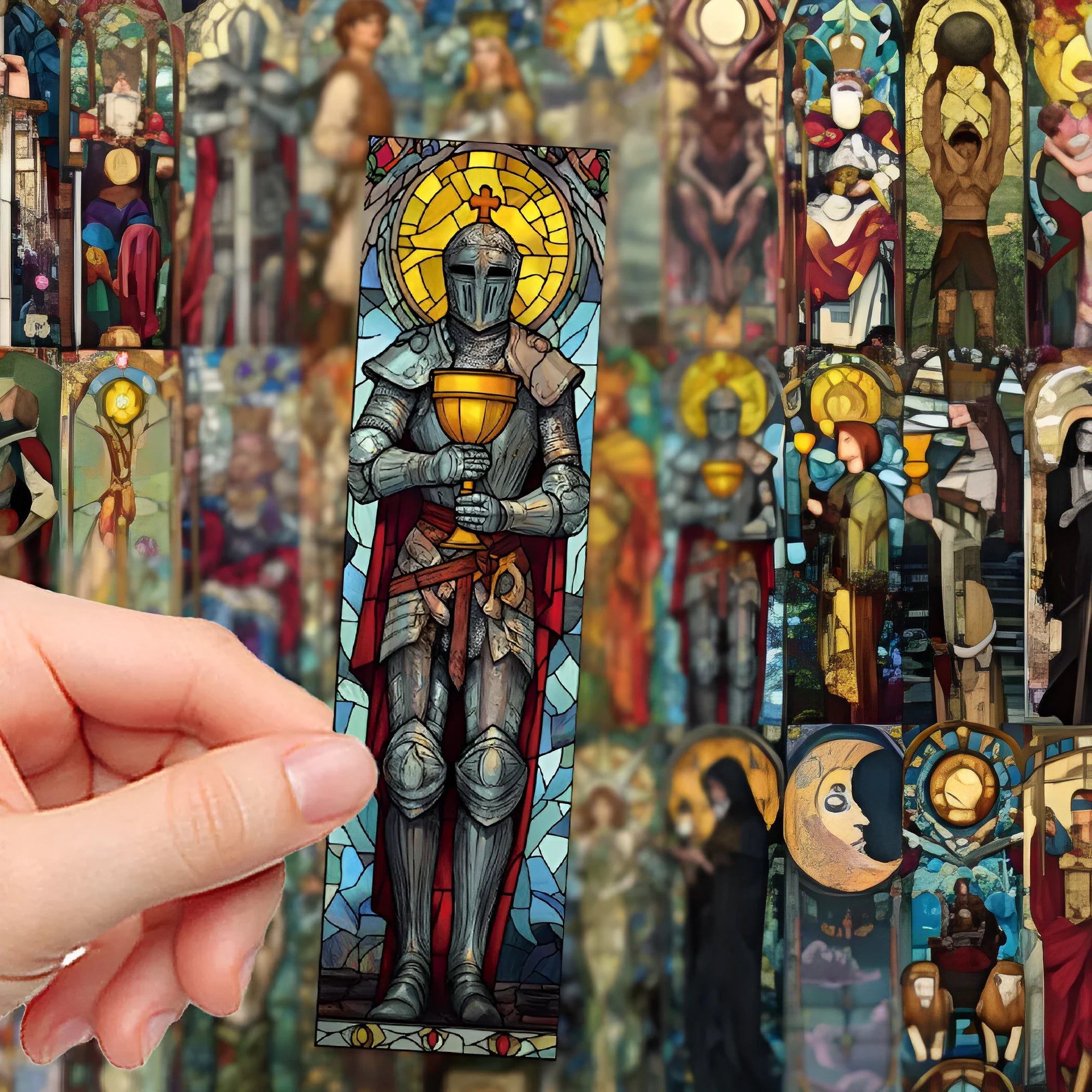 Set of 30 handmade paper tarot bookmarks with painted glass card designs.