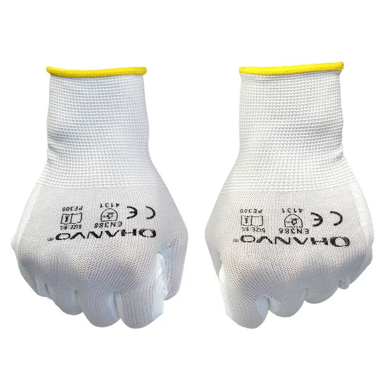 White PU coated work gloves with breathable flexible design for labour and gardening protection