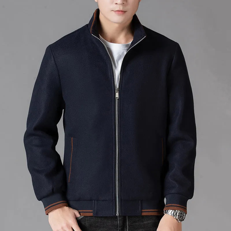 Men's gray wool fleece sport jacket with a stick pocket, shown on a hanger.