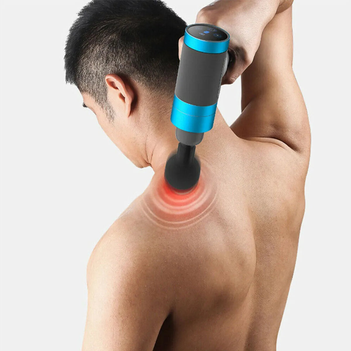 Electric percussion massage gun with ergonomic handle, touch screen, and 4 or 6 massage heads, available in grey, blue, or purple.