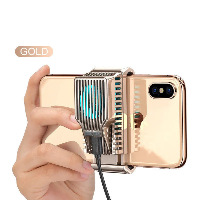 Black clip-on mobile phone radiator cooling fan attached to a smartphone, showing aluminium alloy and ceramic components.