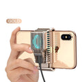 Black clip-on mobile phone radiator cooling fan attached to a smartphone, showing aluminium alloy and ceramic components.