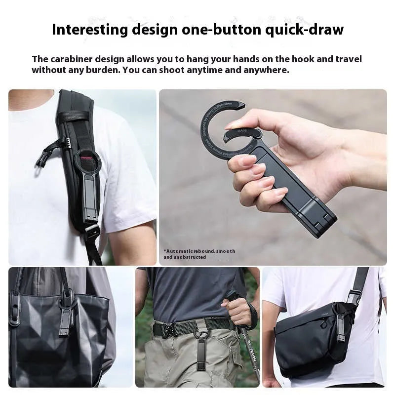 Portable phone holder with black climbing button carabiner on grey background, aluminium alloy and silicone construction
