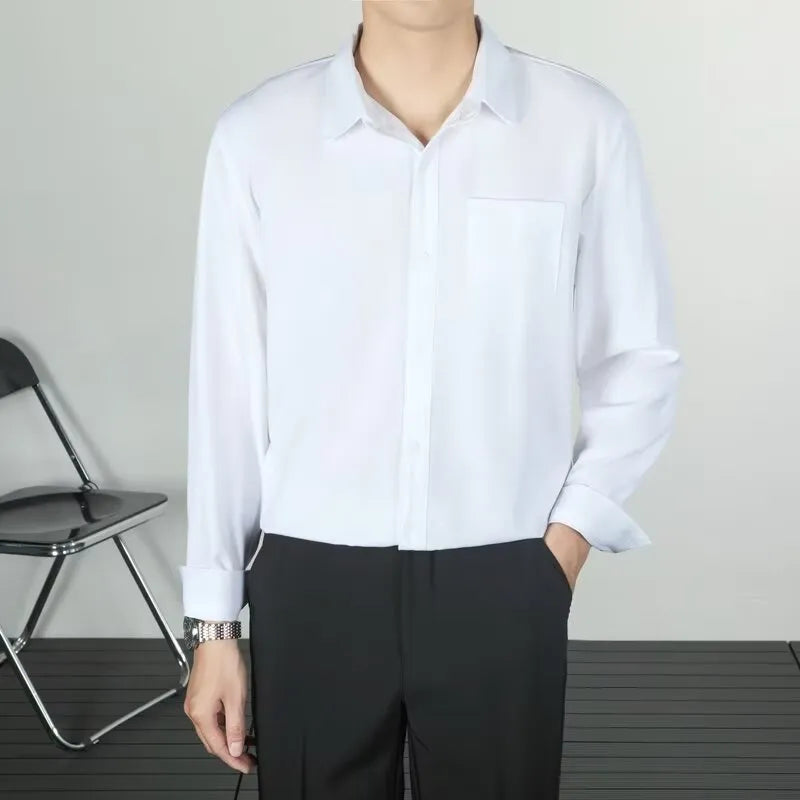 Korean-style linen long-sleeved shirt for men in loose fit, available in six solid colours including black and white