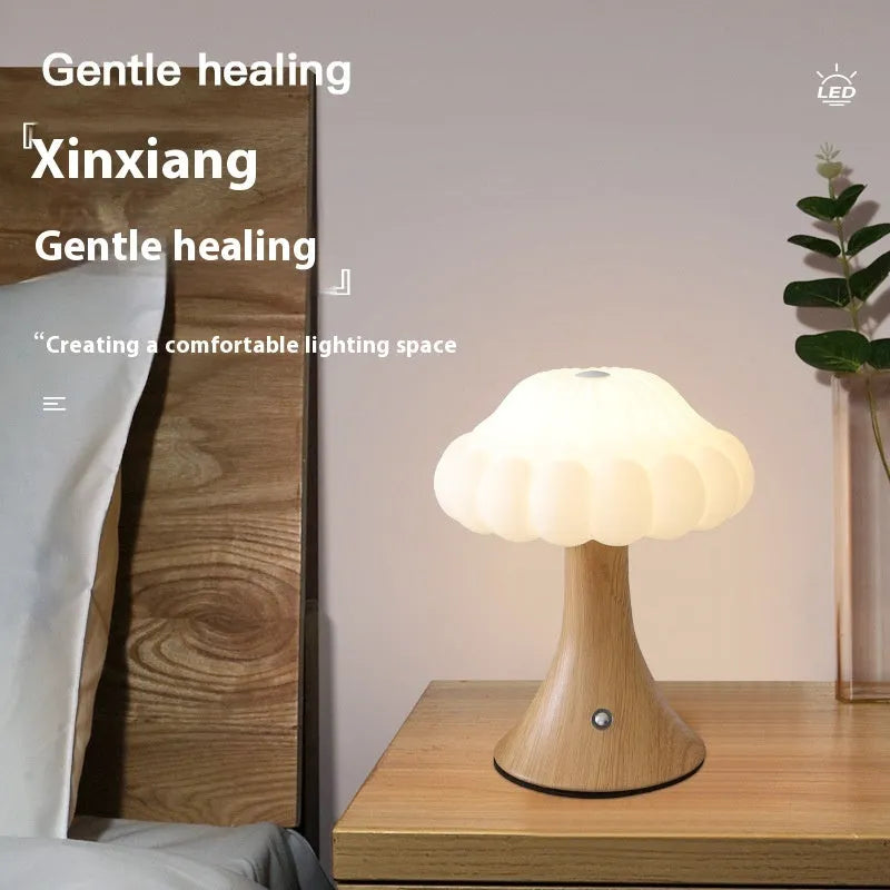 Modern creative mushroom-shaped touch night lamp in wood grain colour, 160mm wide.