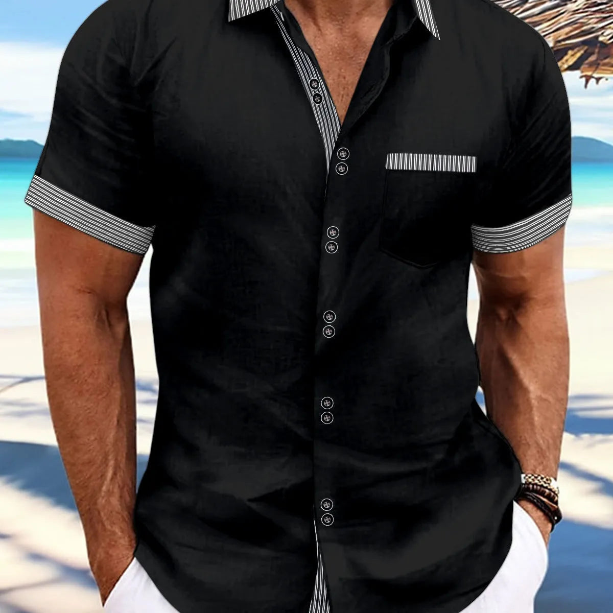 Man wearing a striped slim fit pure cotton short sleeve casual shirt with a double button placket