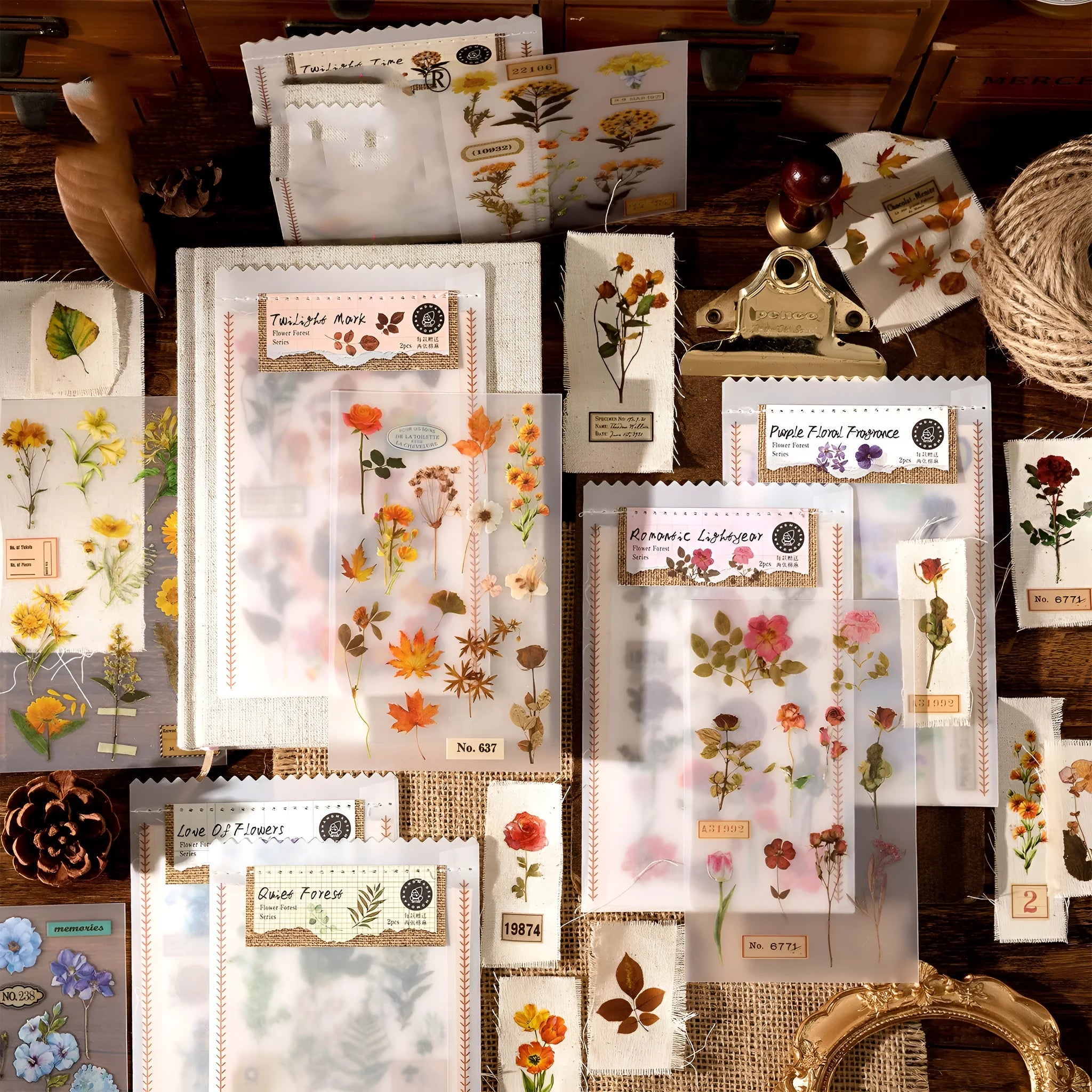 Huazhisen Series art sticker pack showing forest-themed label designs on transfer paper and cotton linen sheets.