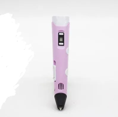 Yellow 3D printing pen with PLA filament spool on a white surface, showing nozzle and controls