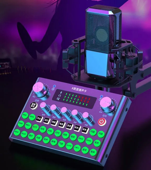 F007plus live broadcast sound card with condenser microphone and mounting bracket for mobile and computer streaming