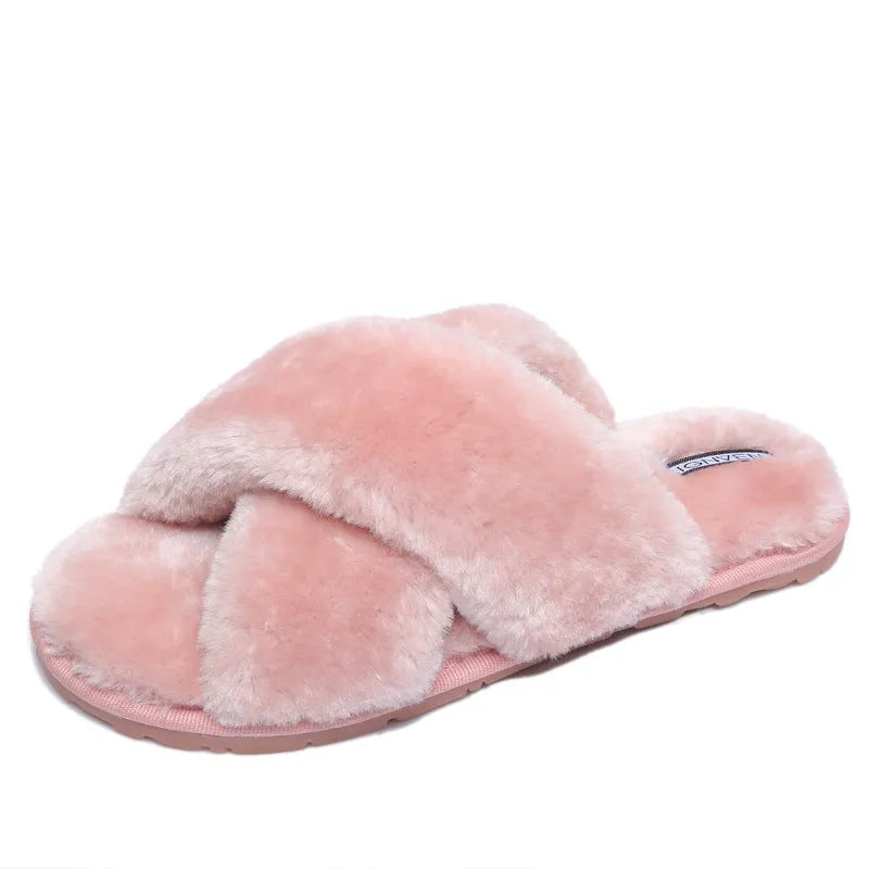 Women's cross open-toe fur slippers in black with non-slip patterned sole