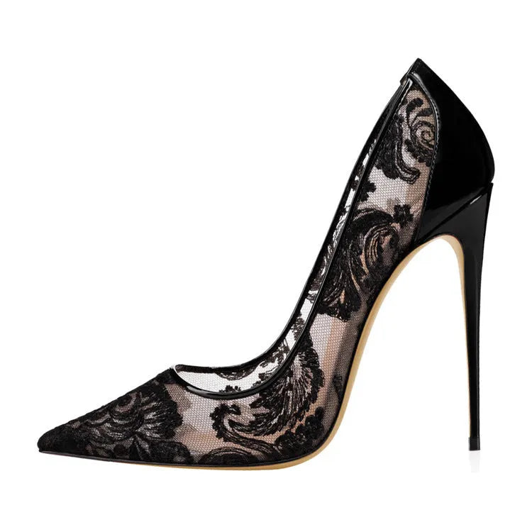 Women's lace hollow high heels pointed toe super high heel mesh cloth floral pattern black white