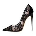 Women's lace hollow high heels pointed toe super high heel mesh cloth floral pattern black white