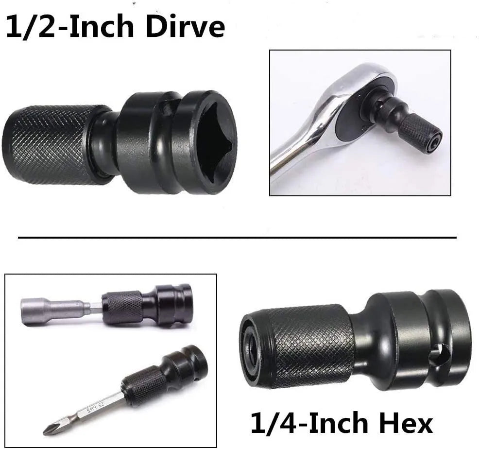 Telescopic scaling bit holder tool with 1/2" to 1/4" function and adjustable sleeve