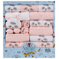 Cotton newborn gift box set with 18 pieces including clothing, bib, handkerchiefs, and hat in unisex neutral colours