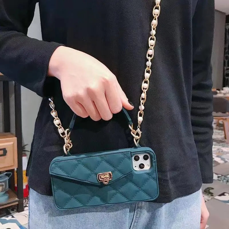 Luxury silicone mobile phone case with pearl chain lanyard for iPhone models in multiple colours