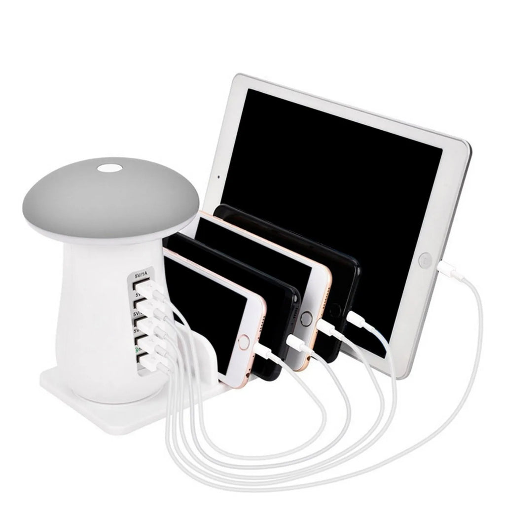White mushroom-shaped USB charging dock station with five ports and integrated LED night light