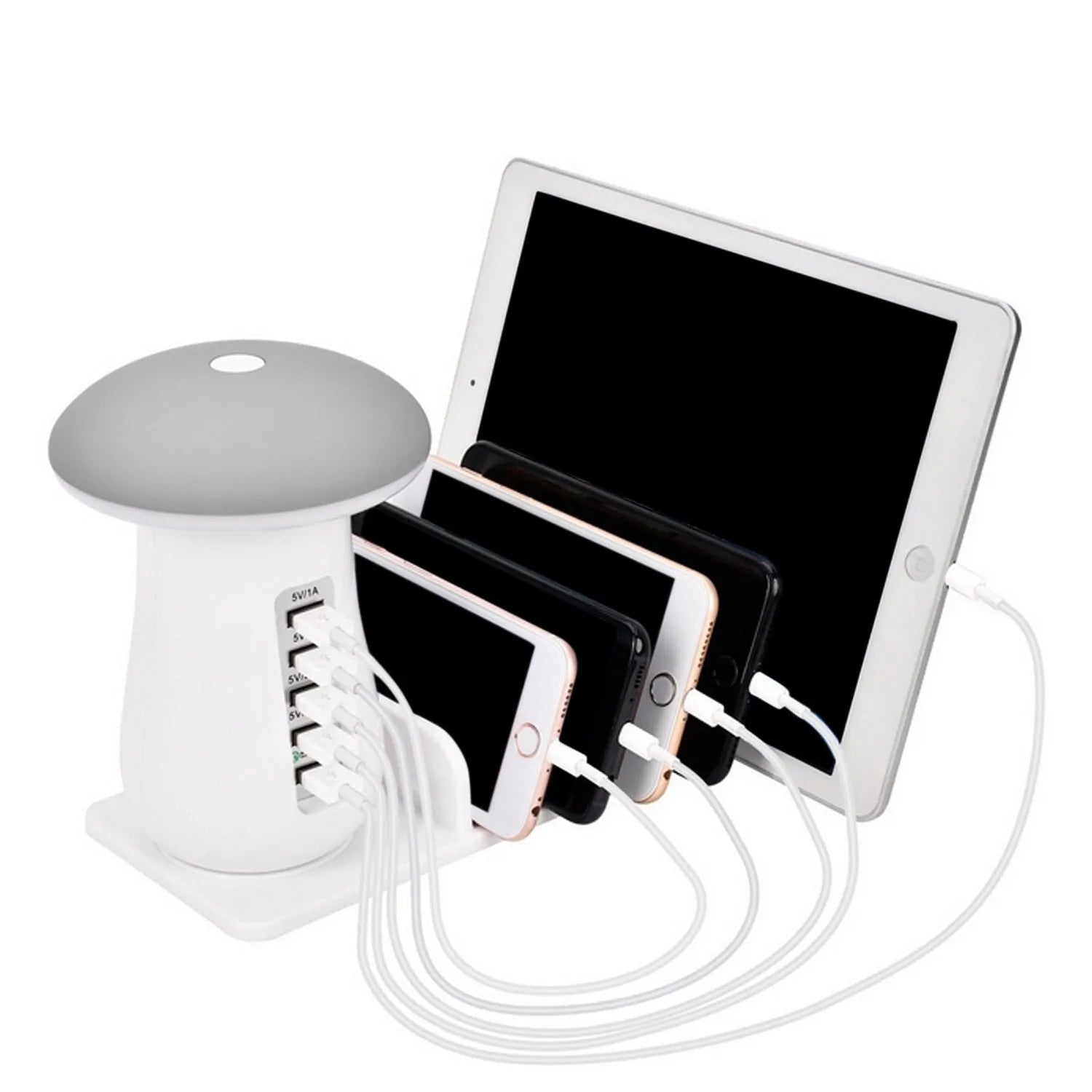 White mushroom-shaped USB charging dock station with five ports and integrated LED night light