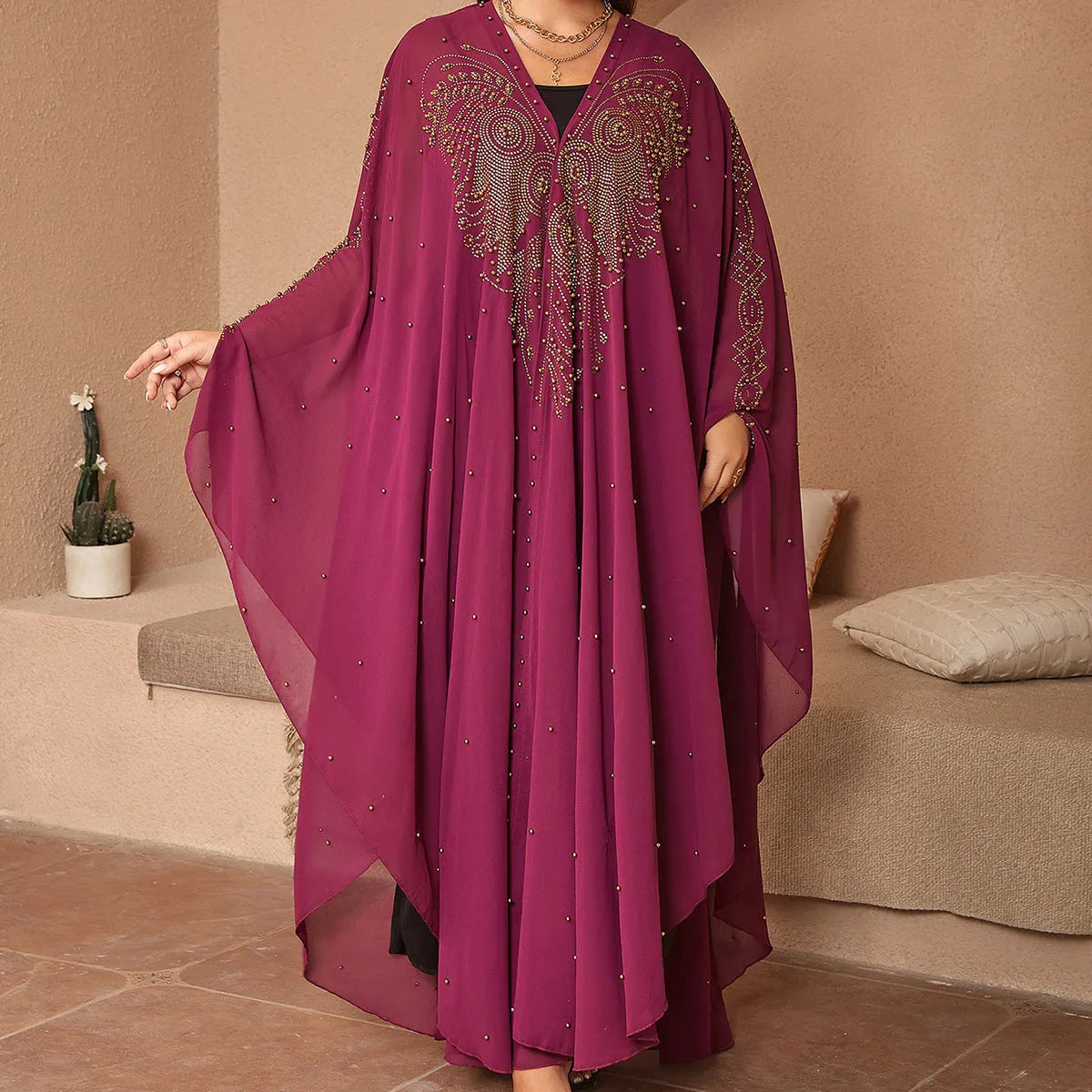 Purple chiffon cape shawl with rhinestone bead detailing and adjustable 135-175cm length