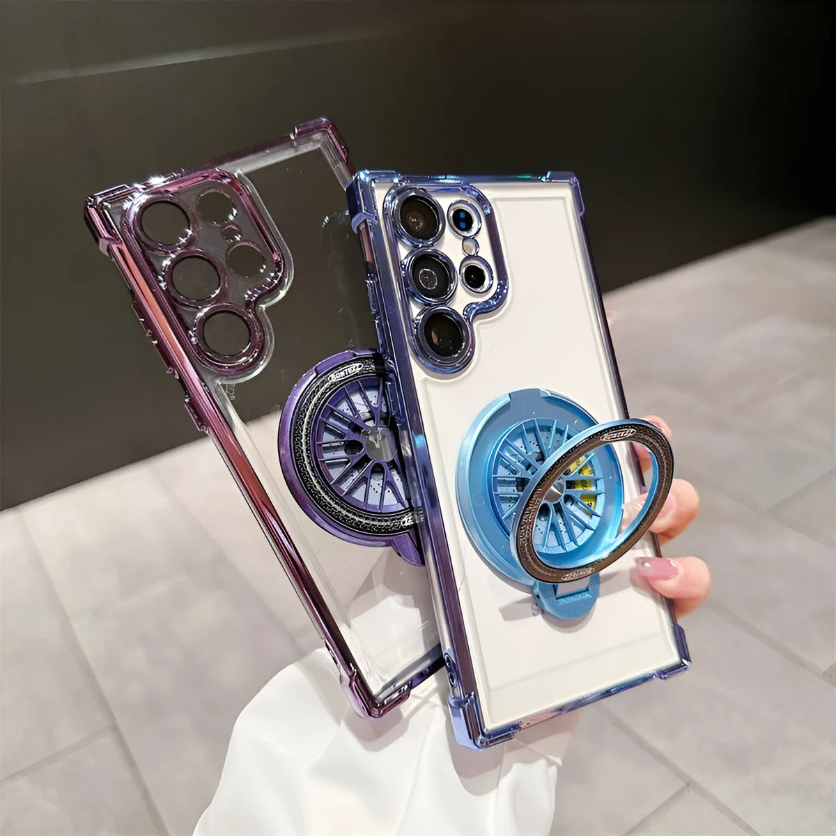 Electroplating four-corner drop-resistant rotating gyro magnetic bracket phone case for Samsung S23 in cool black