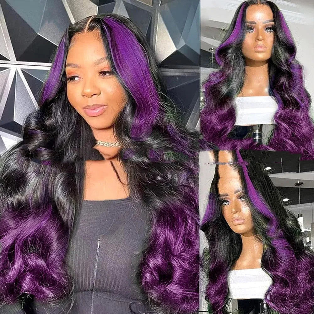 Gradient purple human hair lace front wig with Ruili waves on a mannequin head.