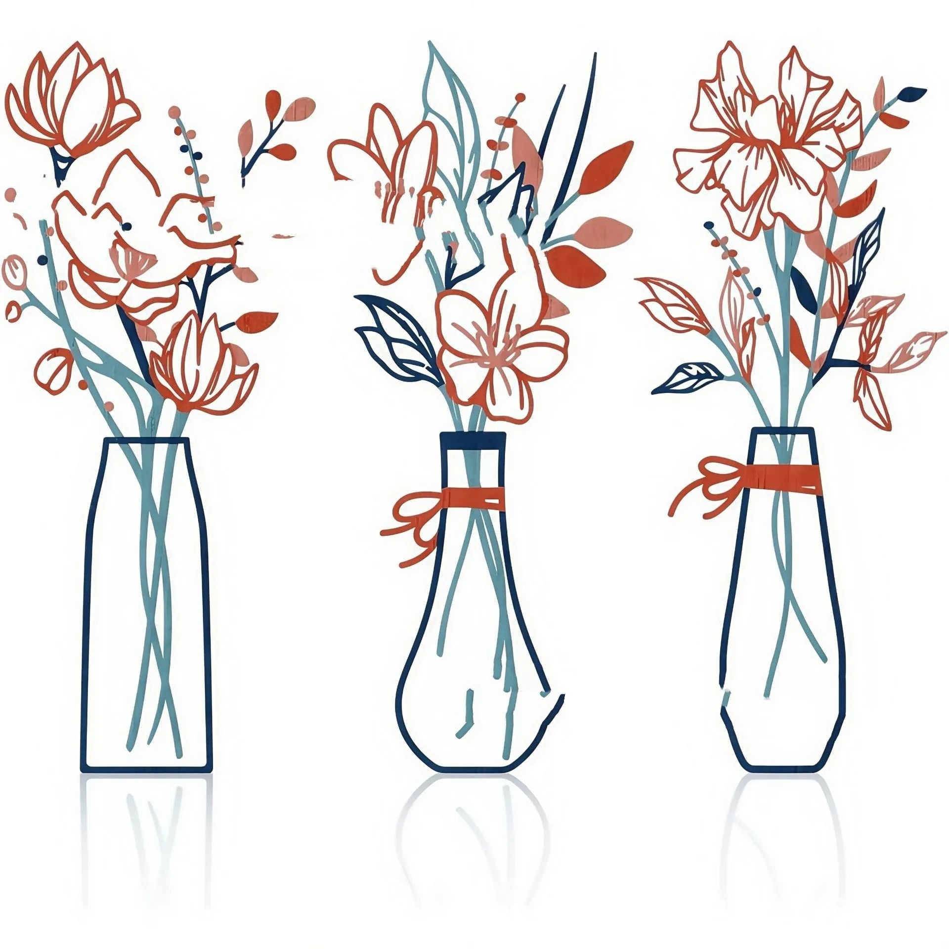 Set of three metal flower wall art pieces with colour vase accents on a white wall.