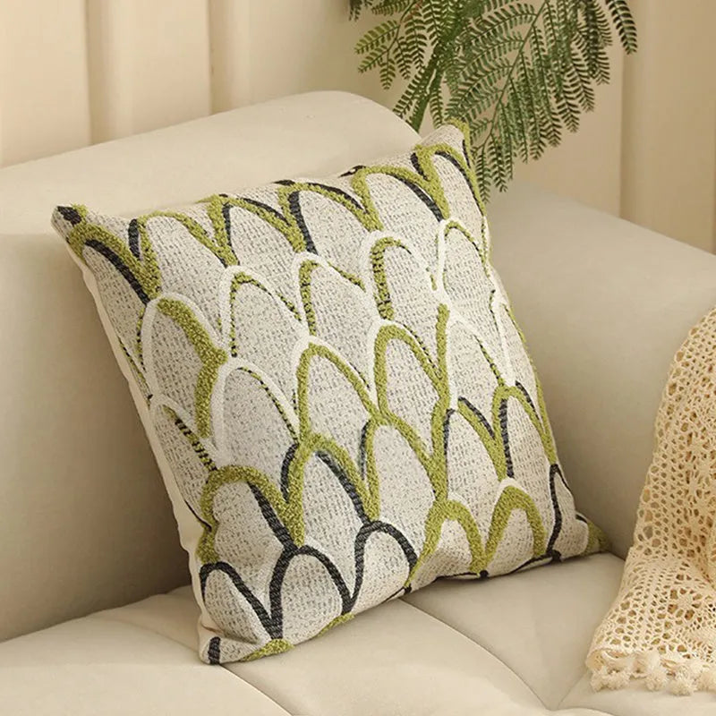 Square Jacquard pillow cover with detailed retro floral pattern on a grey sofa, showing 45x45cm size.