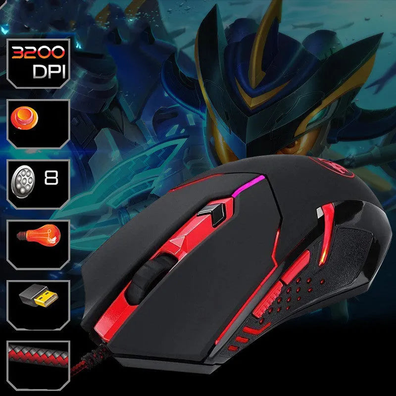 Black and red USB wired optical gaming mouse with ergonomic shape on a desk