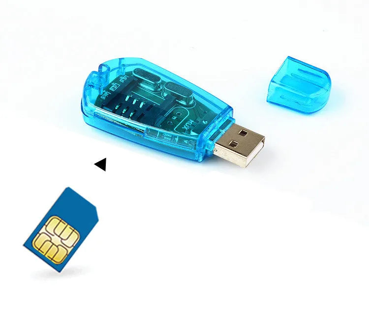 Blue USB SIM card reader for mobile phone data backup and transfer