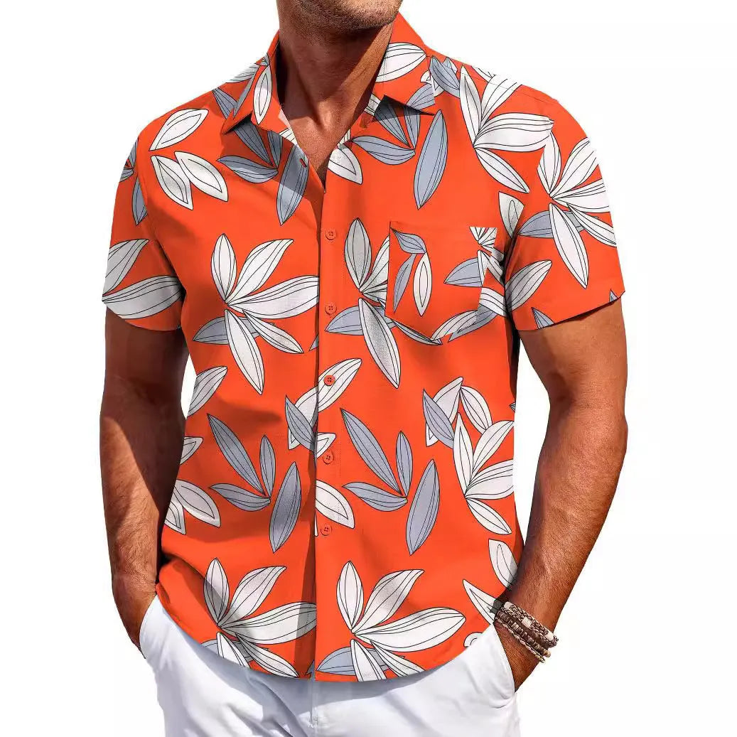 A man's slim-fit short-sleeve Hawaiian shirt in a cardigan style, available in multiple colours.