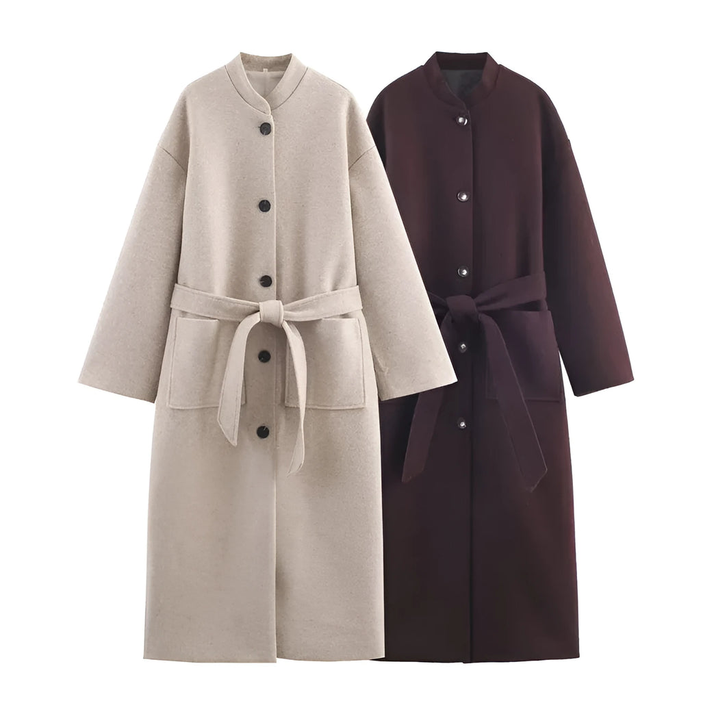 Long belted coat for women in brown or khaki with regular fit, long sleeves and pockets