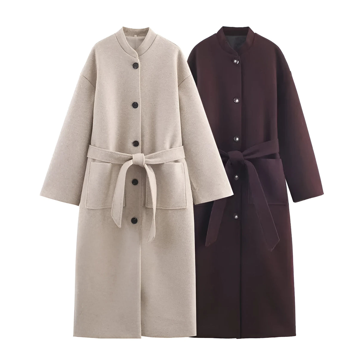Long belted coat for women in brown or khaki with regular fit, long sleeves and pockets