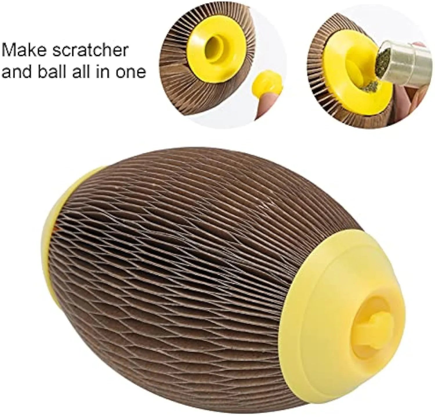Elliptical football‑shaped cat toy made from brown recycled corrugated paper, shown next to a ball of catnip.