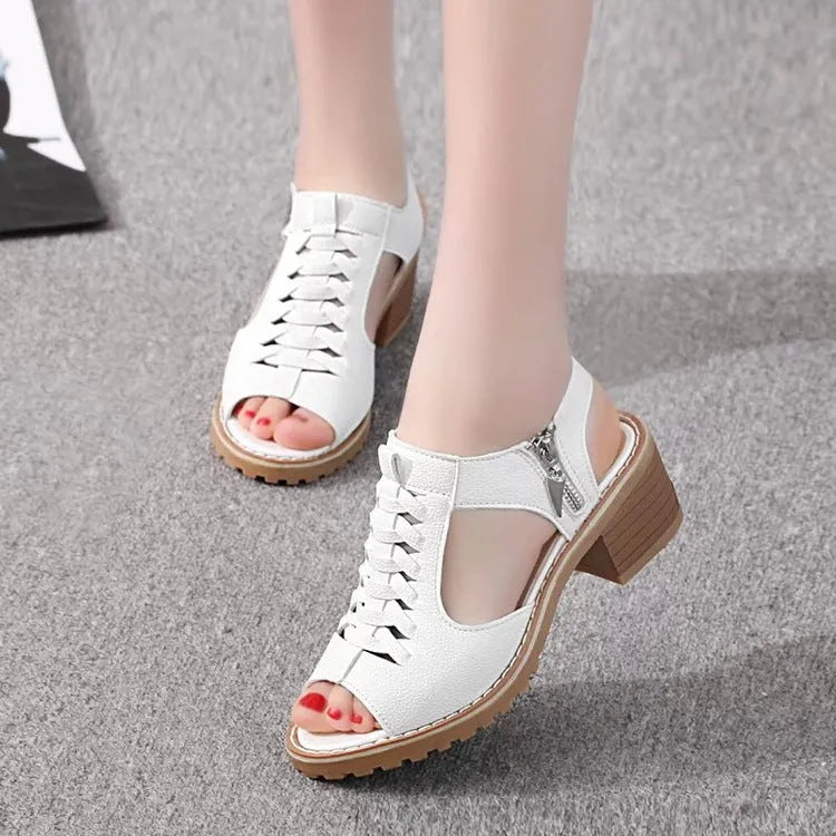 Women's retro sandals with a side zip and a middle beef tendon rubber heel in black, white, and off-white.