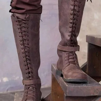Women's long lace-up boots with low heel in black artificial PU and rubber sole