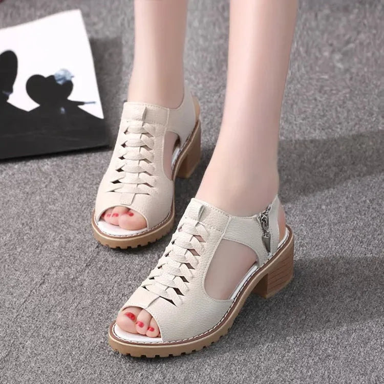 Women's retro sandals with a side zip and a middle beef tendon rubber heel in black, white, and off-white.