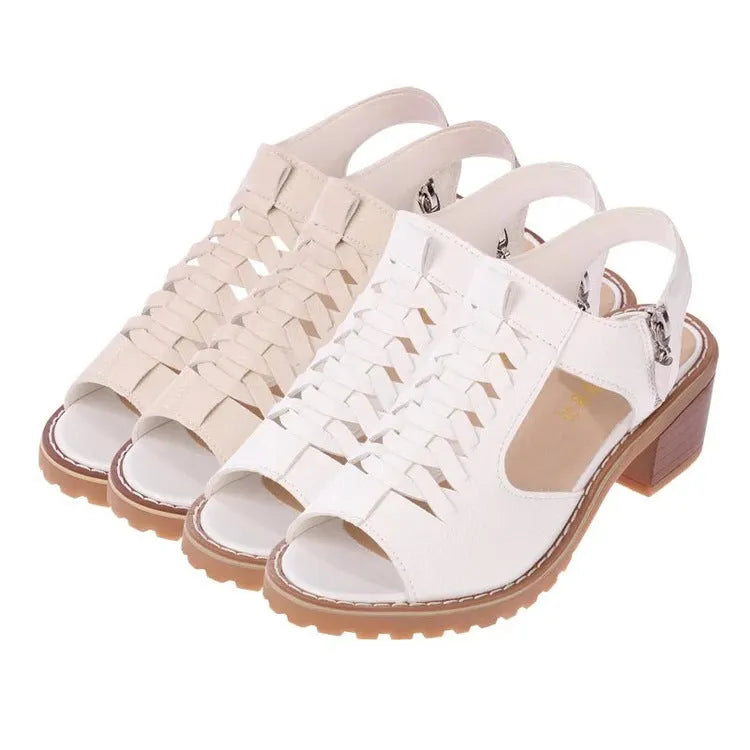 Women's retro sandals with a side zip and a middle beef tendon rubber heel in black, white, and off-white.