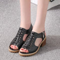 Women's retro sandals with a side zip and a middle beef tendon rubber heel in black, white, and off-white.