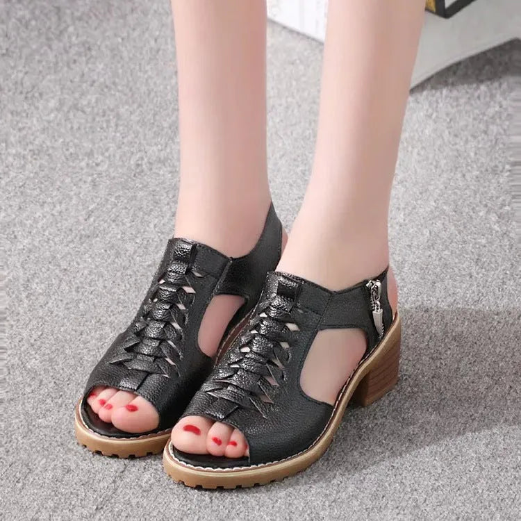 Women's retro sandals with a side zip and a middle beef tendon rubber heel in black, white, and off-white.
