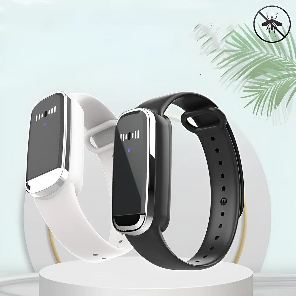 Ultrasonic mosquito repellent bracelet in black and white colours showing wearable design for pregnancy and baby protection