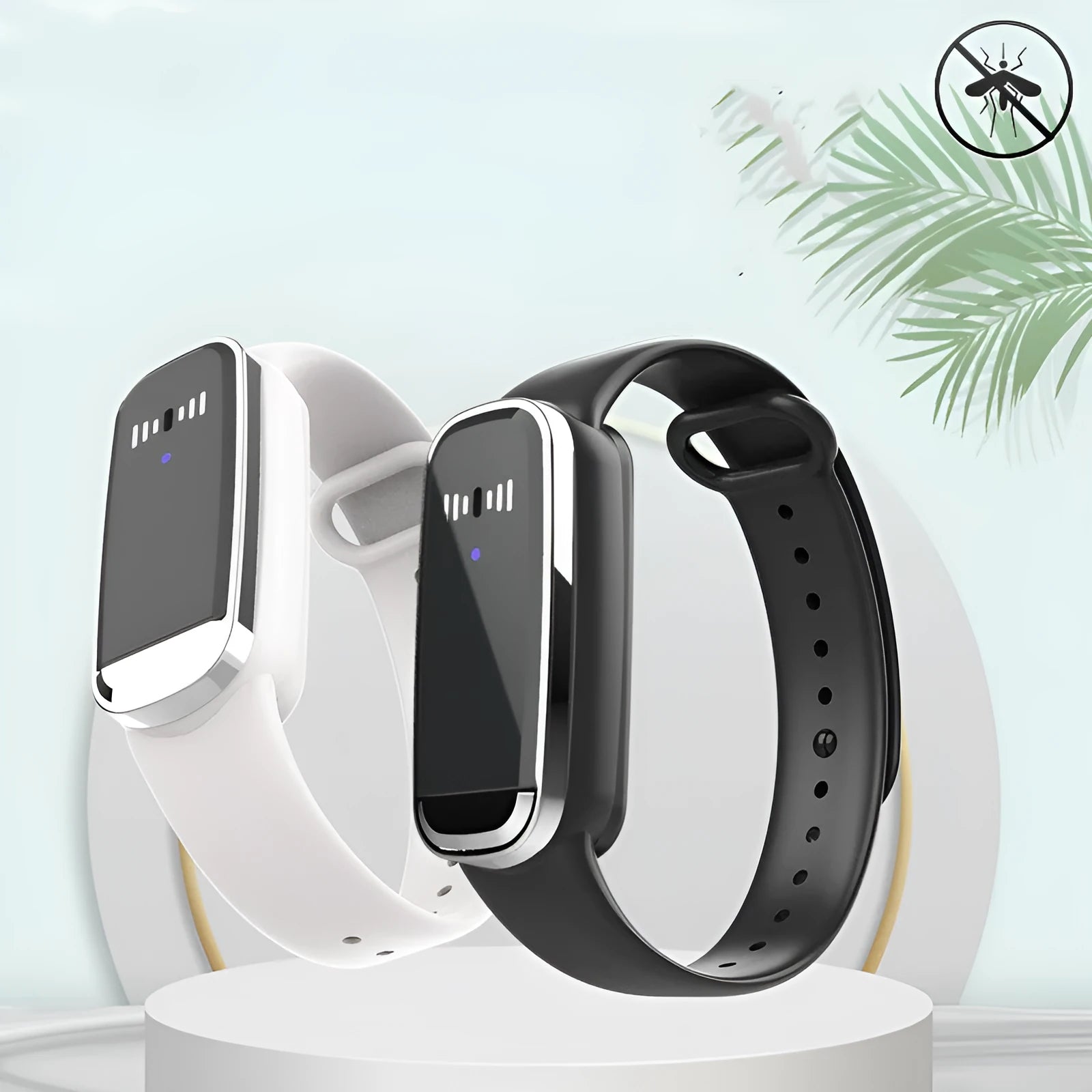 Ultrasonic mosquito repellent bracelet in black and white colours showing wearable design for pregnancy and baby protection