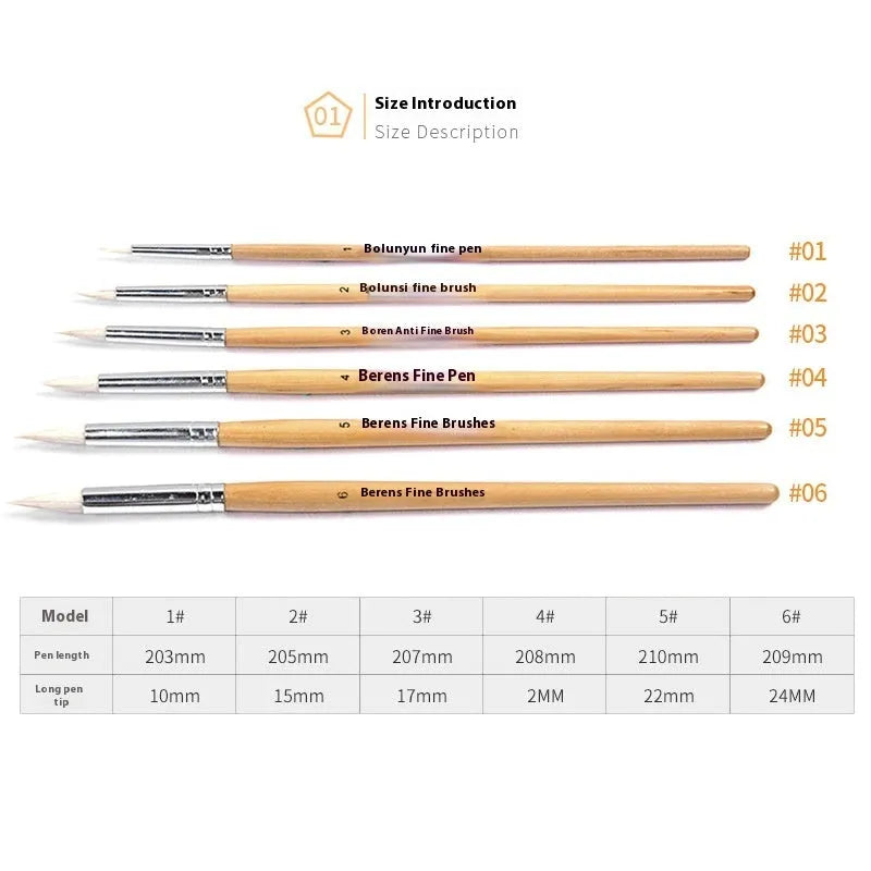 Six wooden crochet hook pen brushes with pointed handles arranged together.