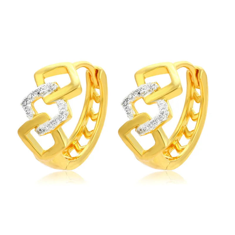 Gold geometric hollow-out alloy earrings for women on a plain background.