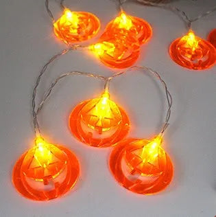 Halloween LED string lights with pumpkin, ghost, bat and spider pendants on a 1.2 metre battery-powered string