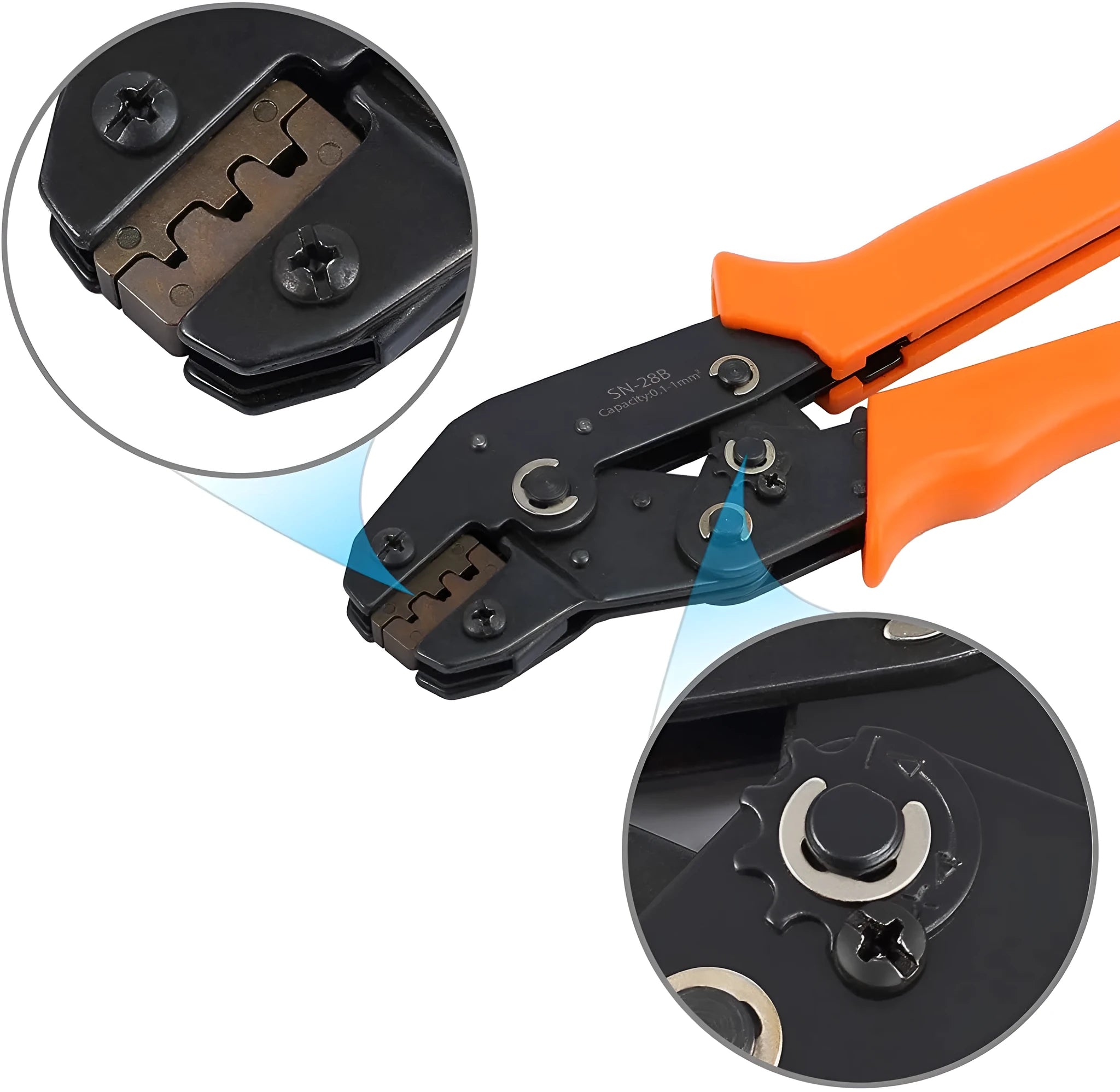 Yellow ratchet crimping pliers SN-28B 195mm alloy handle German style on white background