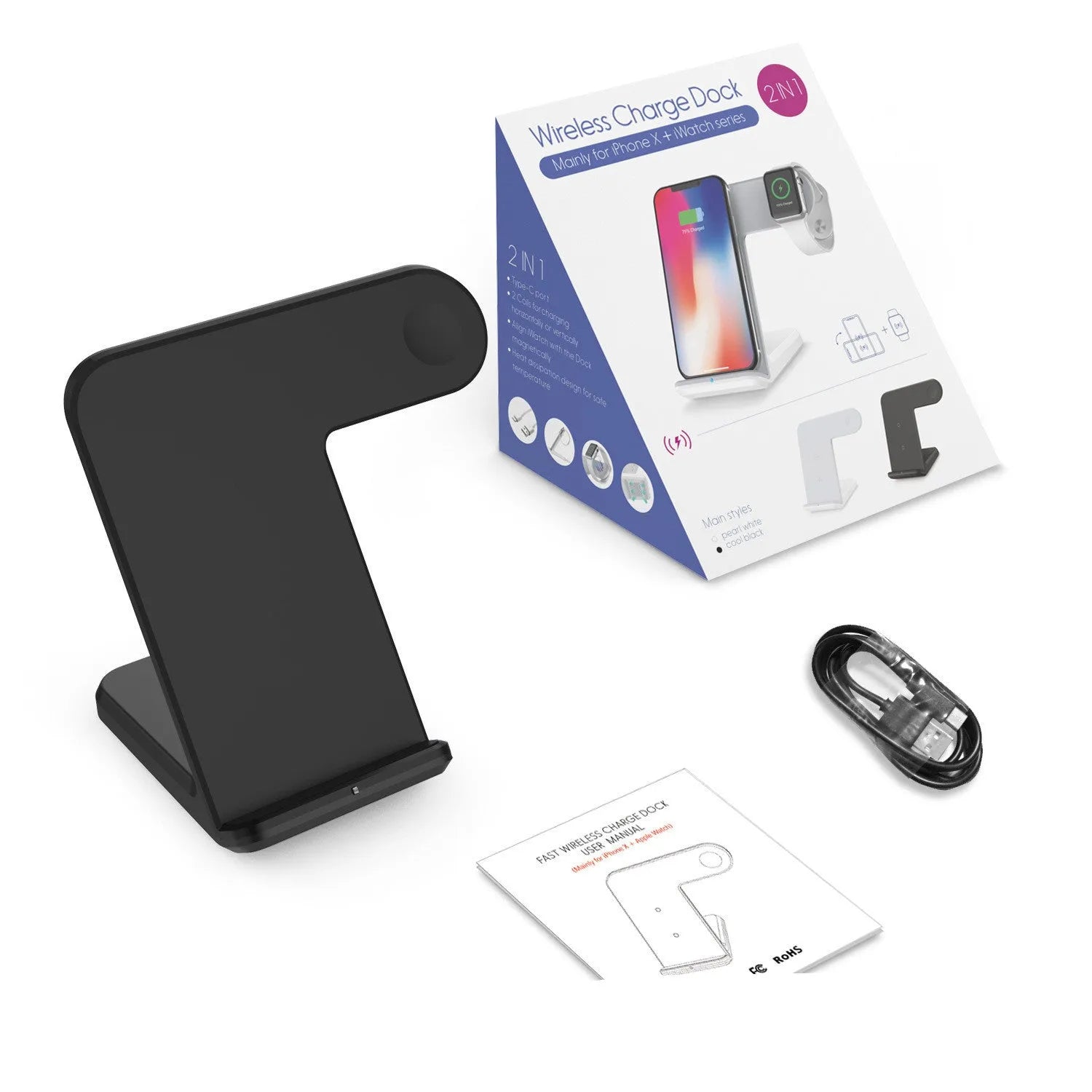 Black or white wireless phone charger with USB-C cable and UK power adapter on desk