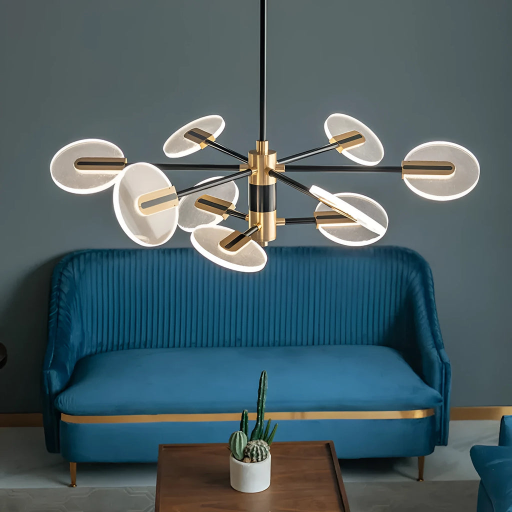 Nordic style LED chandelier with black iron frame and white acrylic shades, shown in a dining room setting.