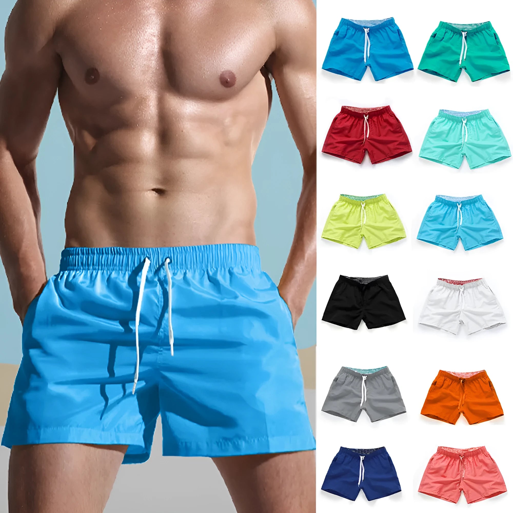 Men's straight-leg polyester beach shorts in multiple colours on a size chart showing S to 4XL.