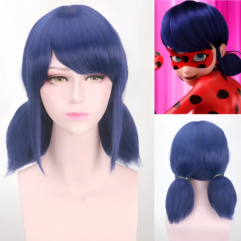 Mixed blue 35cm cosplay wig on stand with breathable inner net and adjustable buckle
